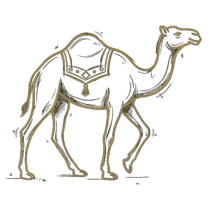 Stylized camel icon symbolizing desert adventures with a simple graphic background